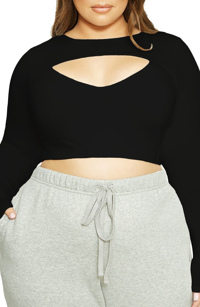 Naked Wardrobe x Lori Harvey Front Cutout Long Sleeve Crop Top, Main, color,