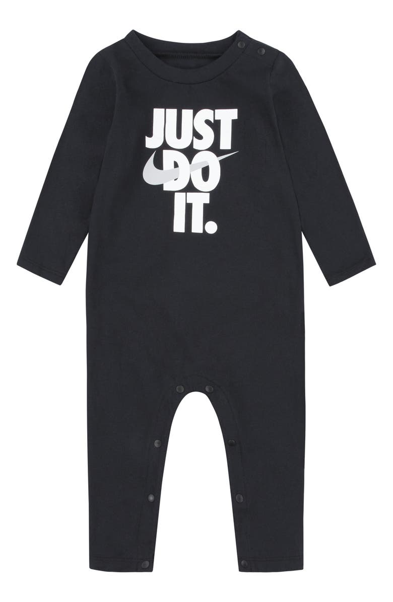 Nike Just Do It Long Sleeve Jersey Romper, Main, color, Black