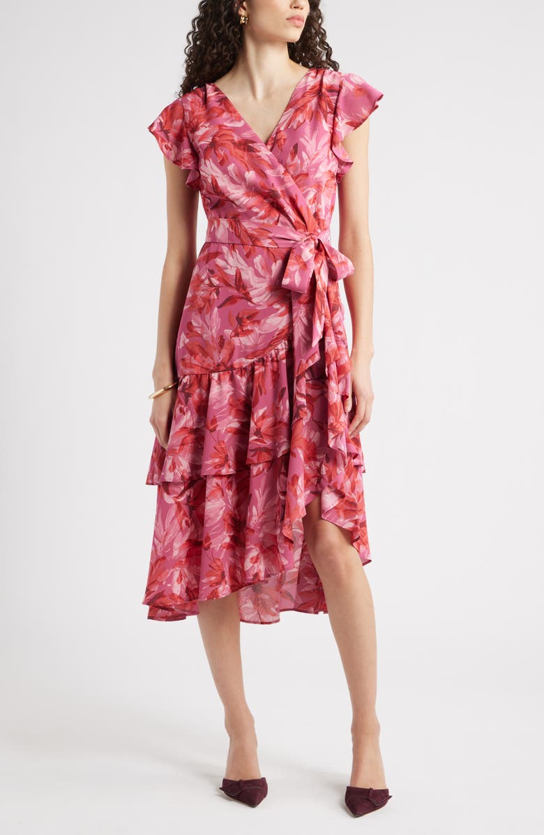 Chelsea28 Flutter Sleeve Faux Wrap Midi Dress, Main, color, Pink Allison Bloom
