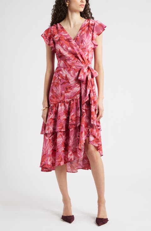 Flutter Sleeve Faux Wrap Midi Dress