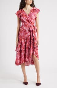 Chelsea28 Flutter Sleeve Faux Wrap Midi Dress