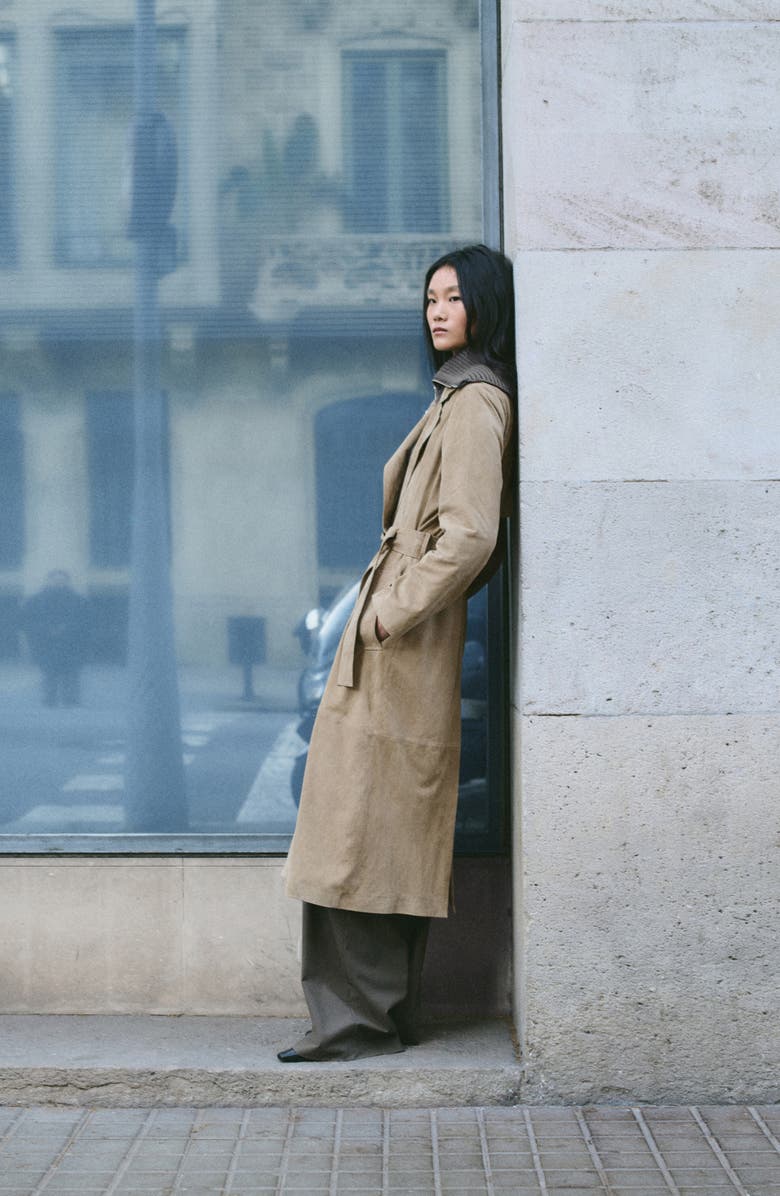 MANGO Long Belted Suede Trench Coat, Alternate, color, Medium Brown