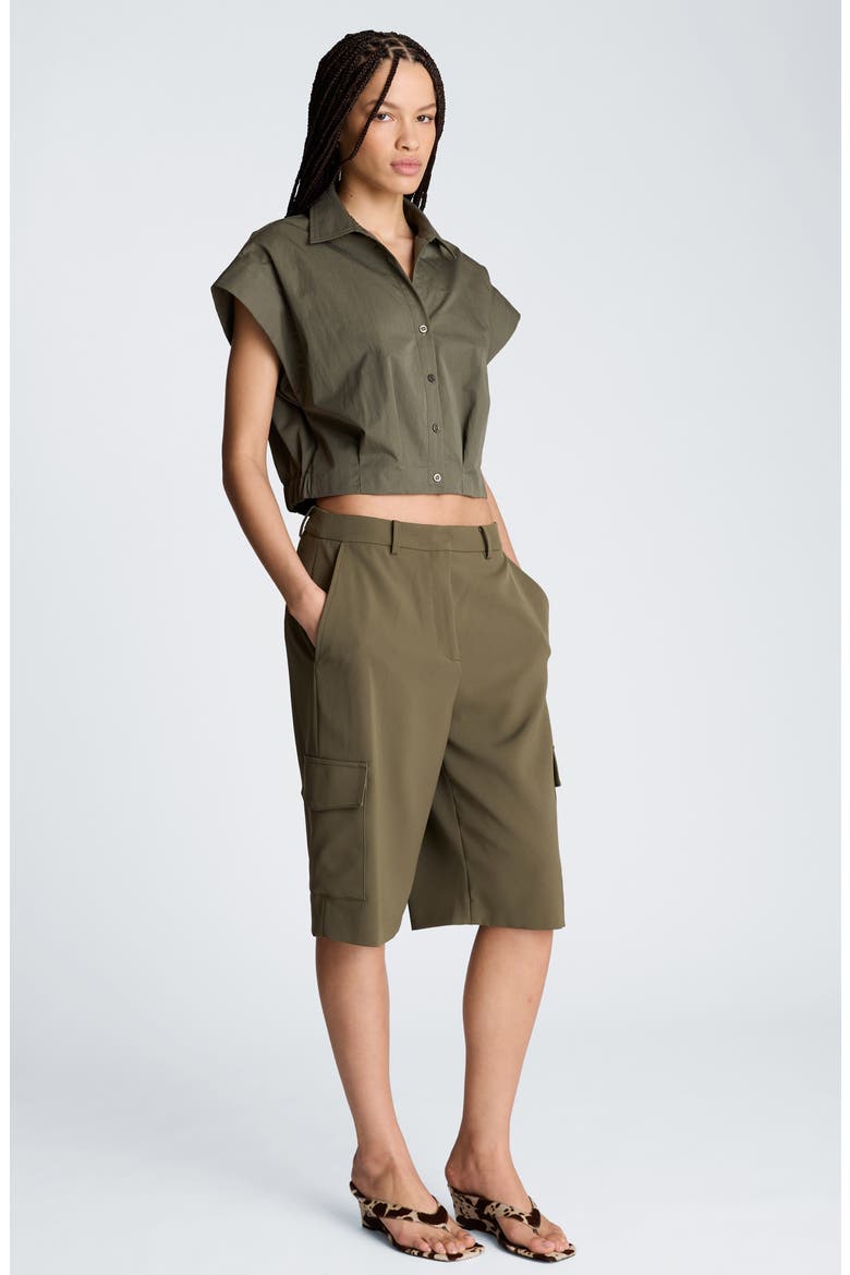 Cotton Blend Crop Button-Up Shirt, Alternate, color, TURTLE GREEN
