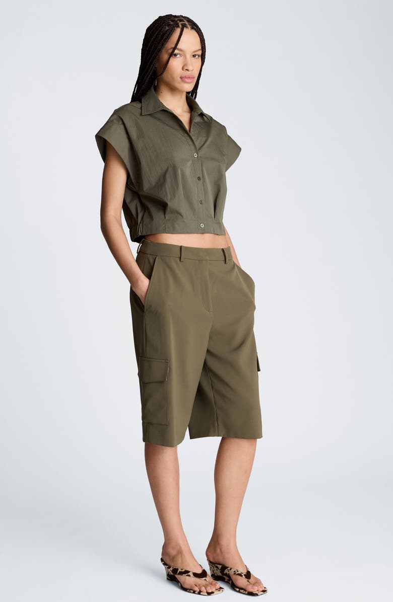 Kenneth Cole Cotton Blend Crop Button-Up Shirt, Alternate, color, Turtle Green