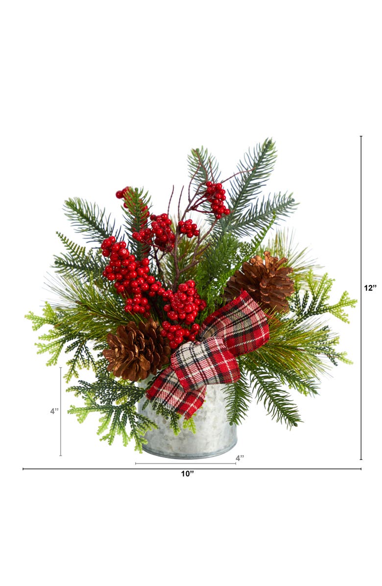 NEARLY NATURAL 12-in Holiday Winter Pinecones, Berries, Greenery and Plaid Bow Artificial Christmas Table Arrangement, Alternate, color, Green
