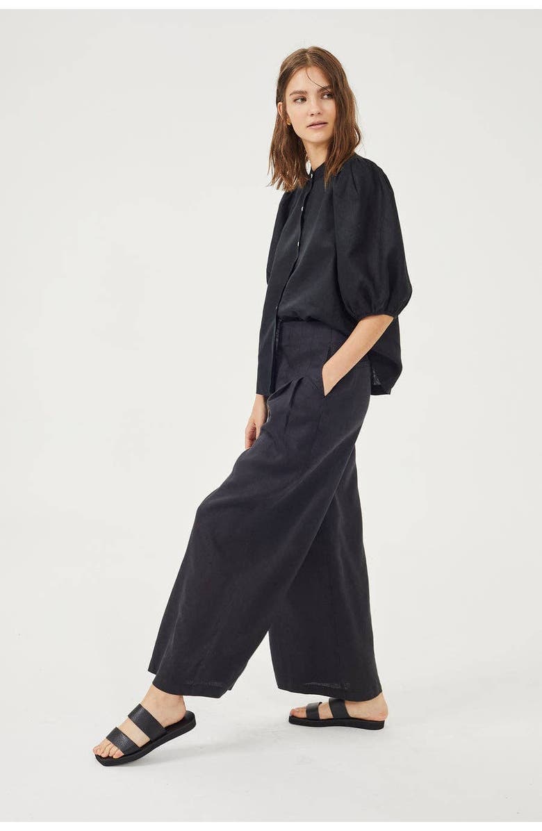LANHTROPY Culotte Linen Pant, Main, color, Black