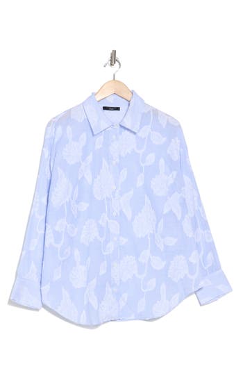 T Tahari Embossed Floral Button-up Shirt In Blue/white Stripe Floral Jacq