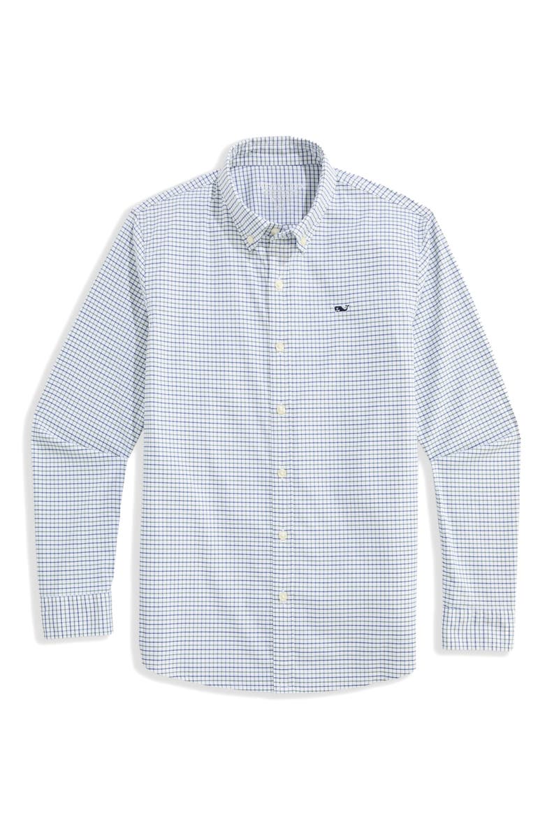vineyard vines Kids' Wauwinet Tattersall Check Performance Cotton Blend Button-Down Shirt, Main, color, Balsam