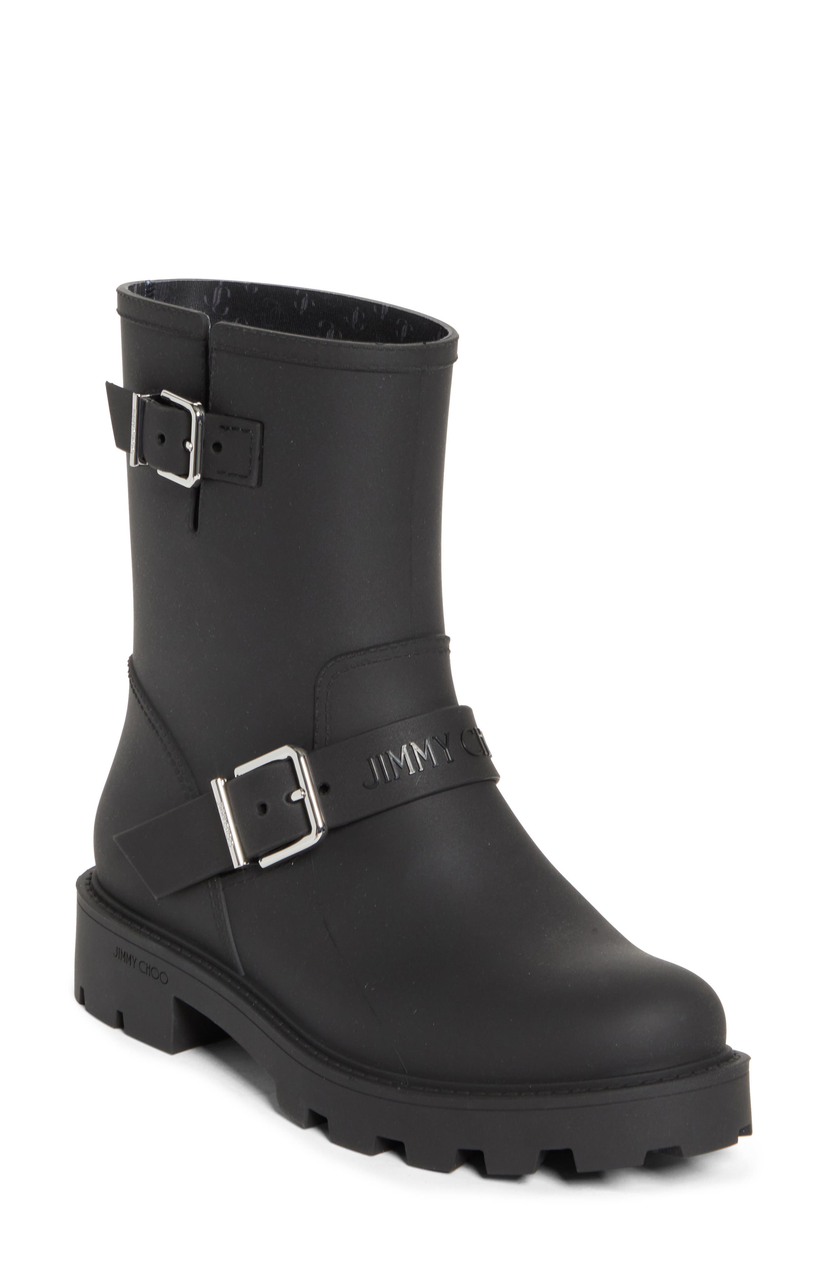 Jimmy Choo Biker Waterproof Rain Boot, Main, color, Black