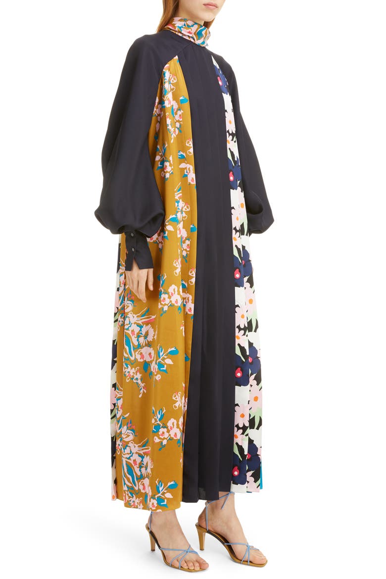 Floral Panel Long Sleeve Silk Twill Maxi Dress, Alternate, color, MIDNIGHT