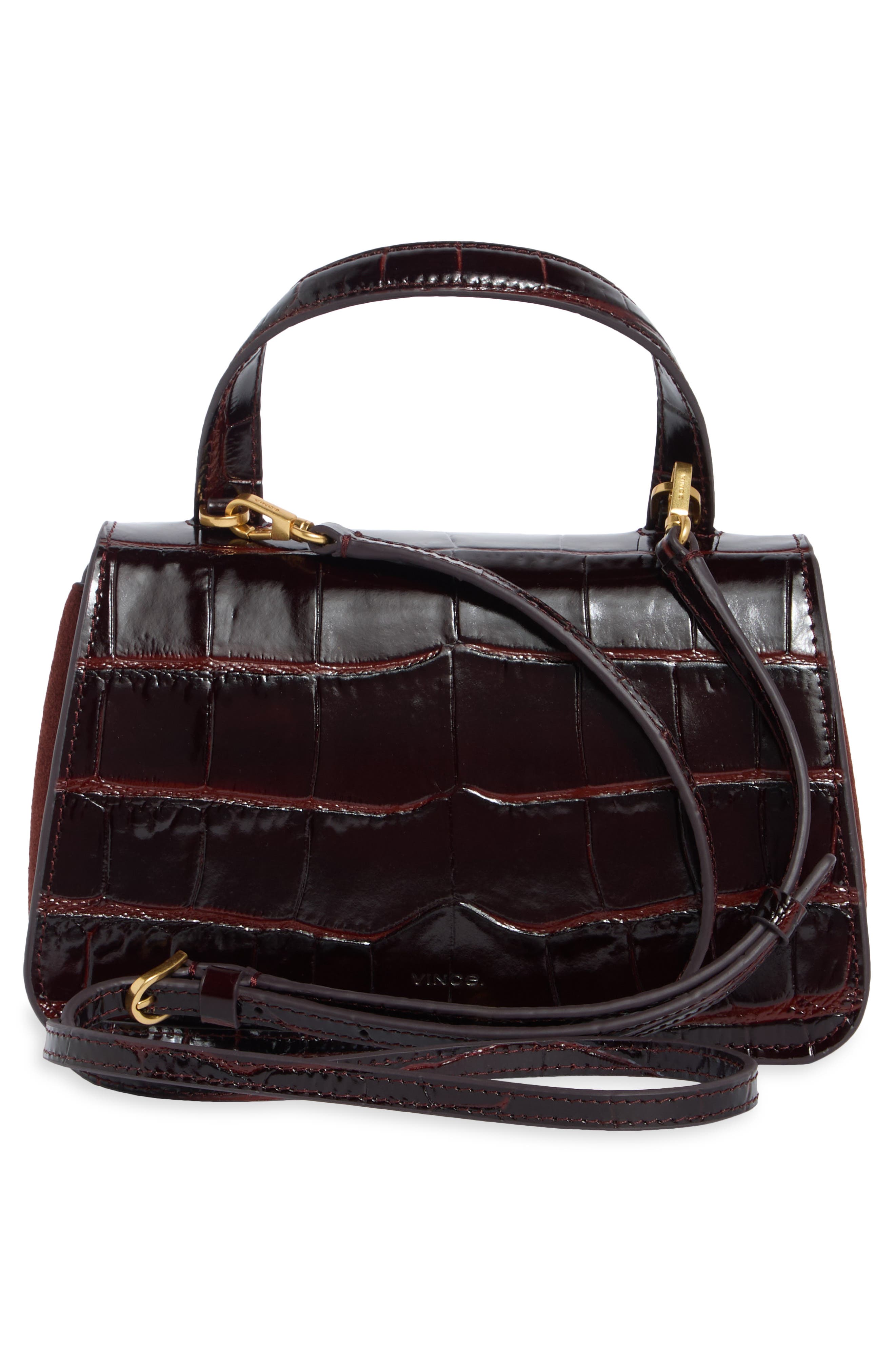 Flora Mini Croc Embossed Leather Top Handle Bag, Alternate, color, BLACK ROSE