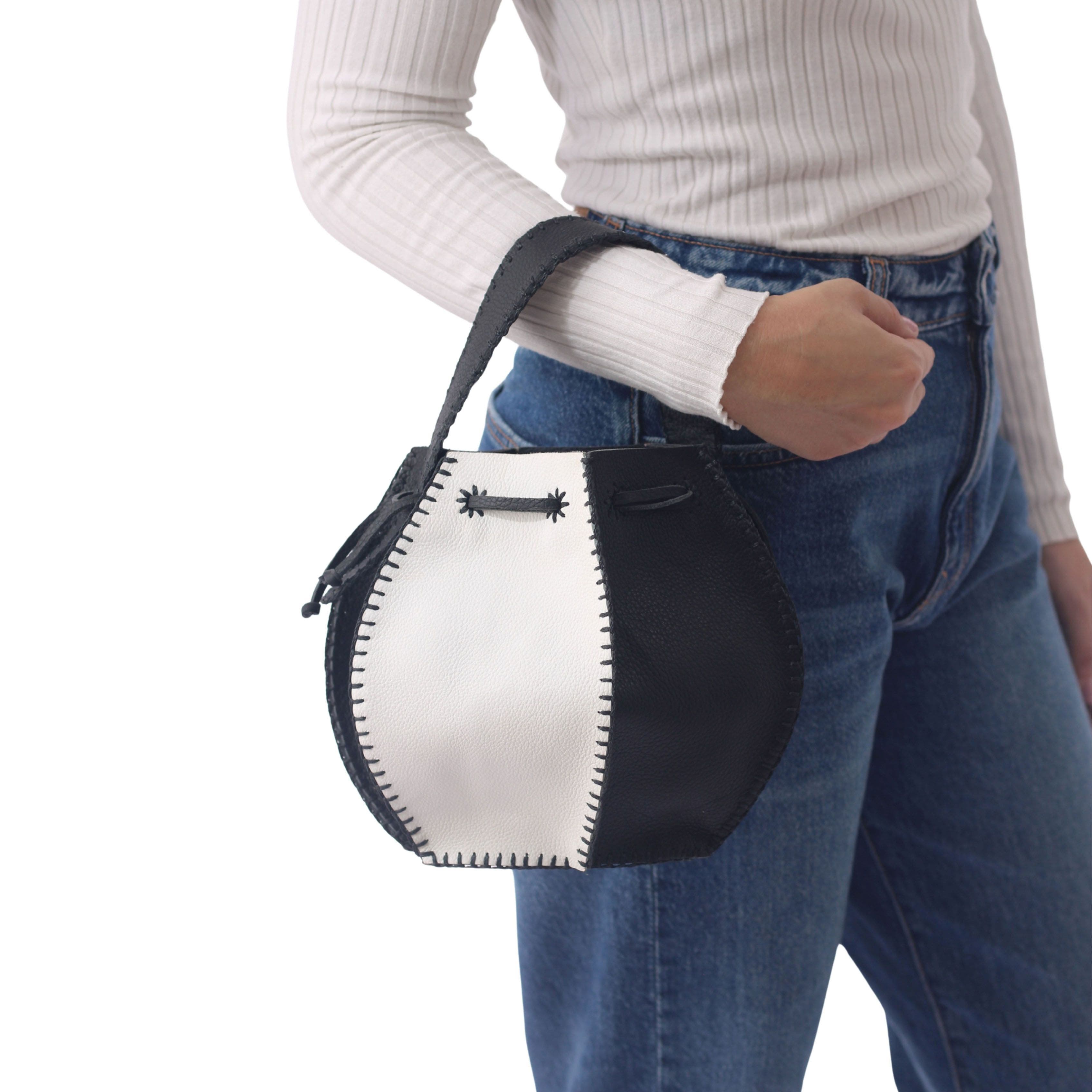Carlos Falchi Tall Bucket Top Grain Leather Bag, Alternate, color, Black And White