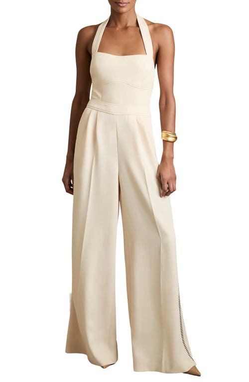 Reiss Womens Viola Embroidered Halterneck Wide-leg Woven Jumpsuit Cream In Cream