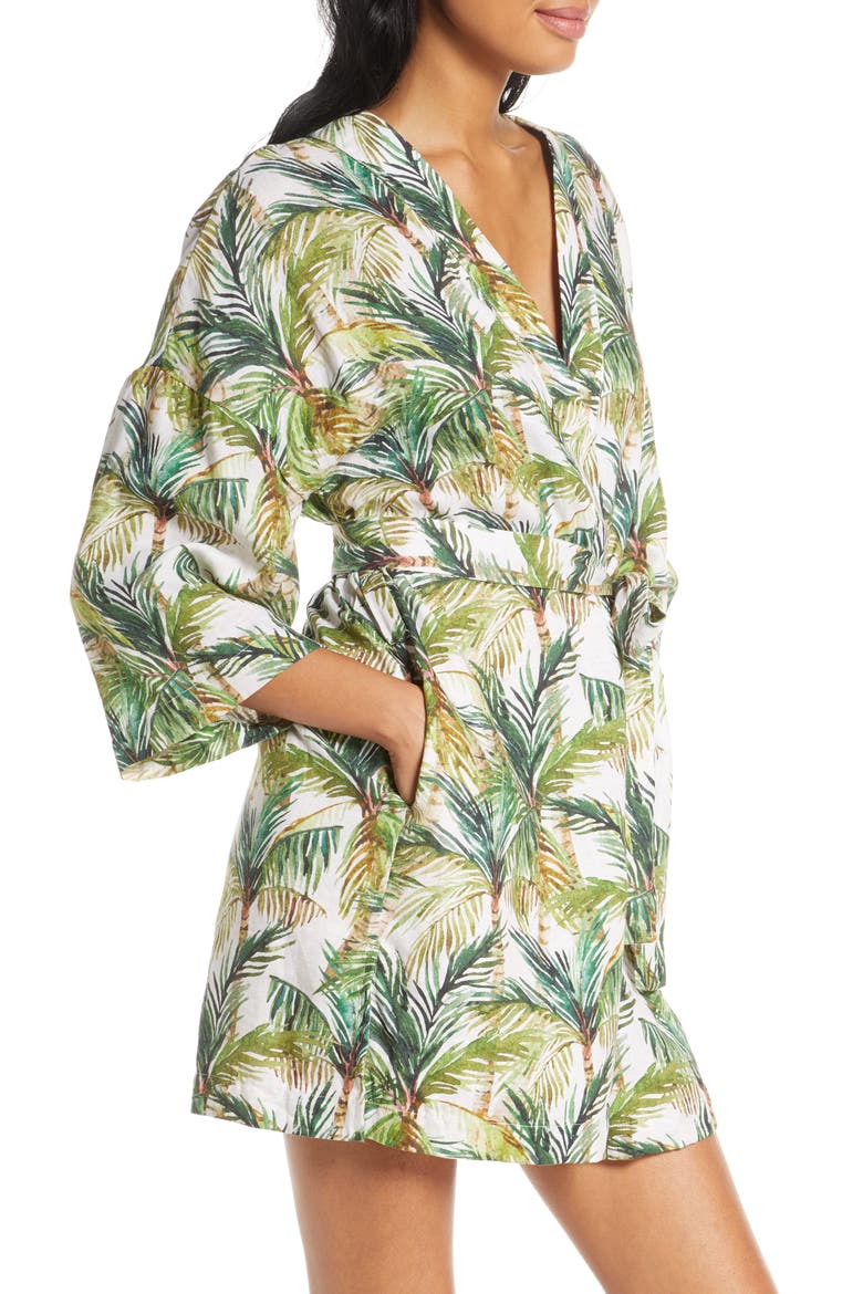 Lola Frond Print Short Robe, Alternate, color, BREEZY PALMS