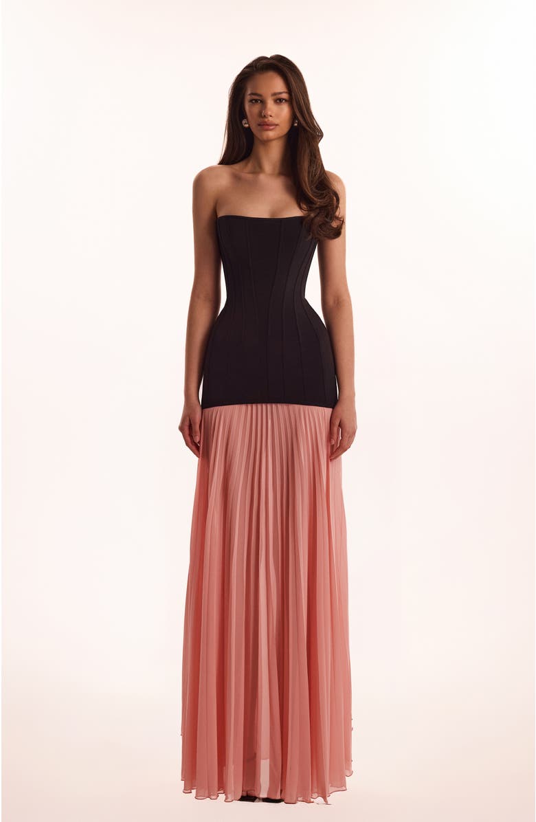 Milla Strapless Formal Occasion Maxi Dress with Pleated Skirt in Black & White, Alternate, color,