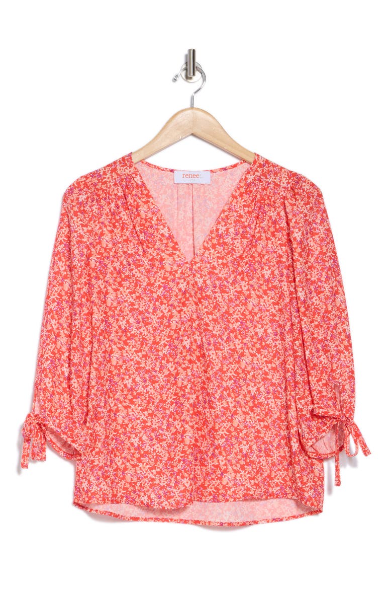 Ditsy Floral V-Neck Long Sleeve Top, Alternate, color, RED
