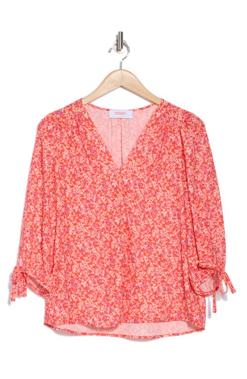 Renee C Ditsy Floral V-neck Long Sleeve Top In Red