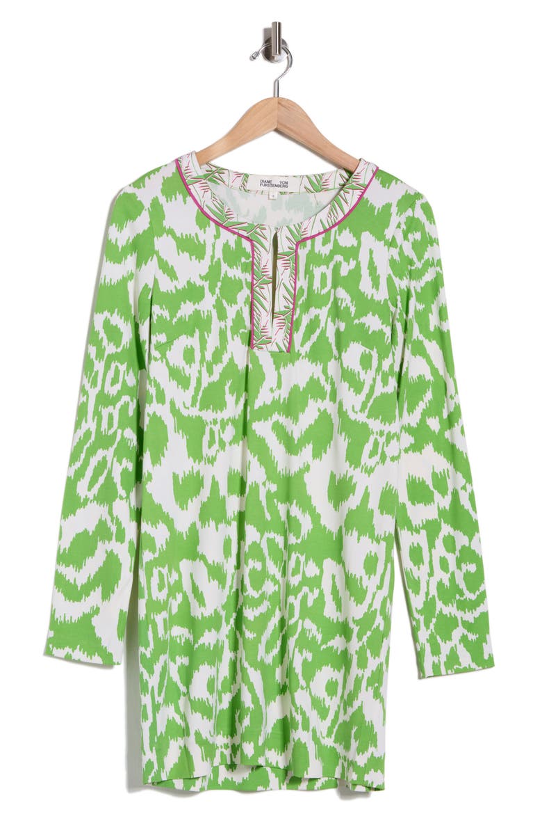 Reina Long Sleeve Silk Shift Dress, Alternate, color, KUPANG GREEN / PALM GEO GREEN