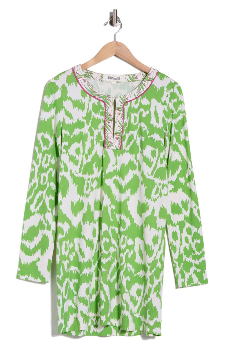 DVF Reina Long Sleeve Silk Shift Dress, Alternate, color, Kupang Green / Palm Geo Green
