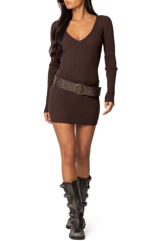 Edikted Rib Long Sleeve Sweater Minidress In Brown