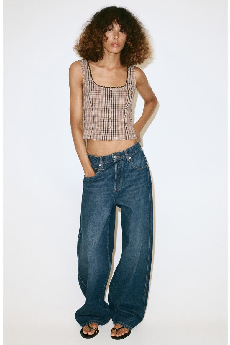 Checkered Cotton Blend Top, Alternate, color, BROWN