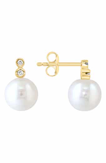 14K Yellow Gold Diamond & 8mm Freshwater Pearl Stud Earrings - 0.05ct.