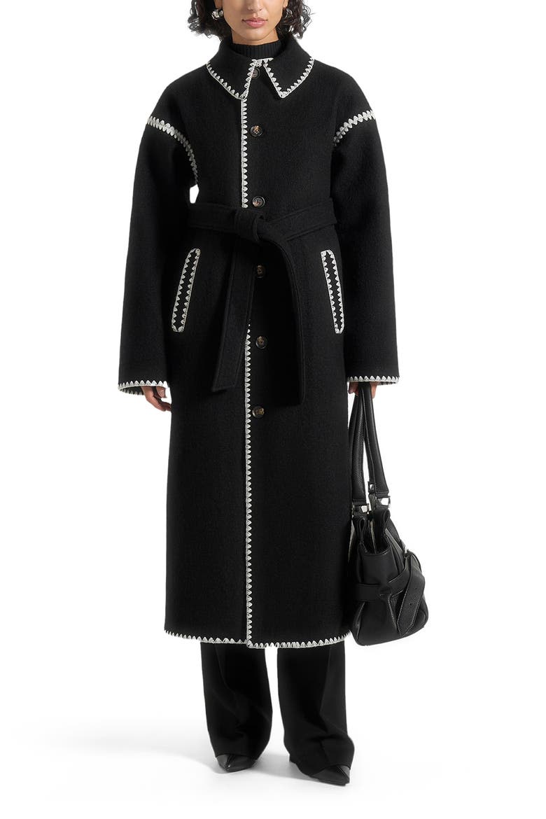 Elora Wool Blanket Stitch Belted Longline Coat, Main, color, Black