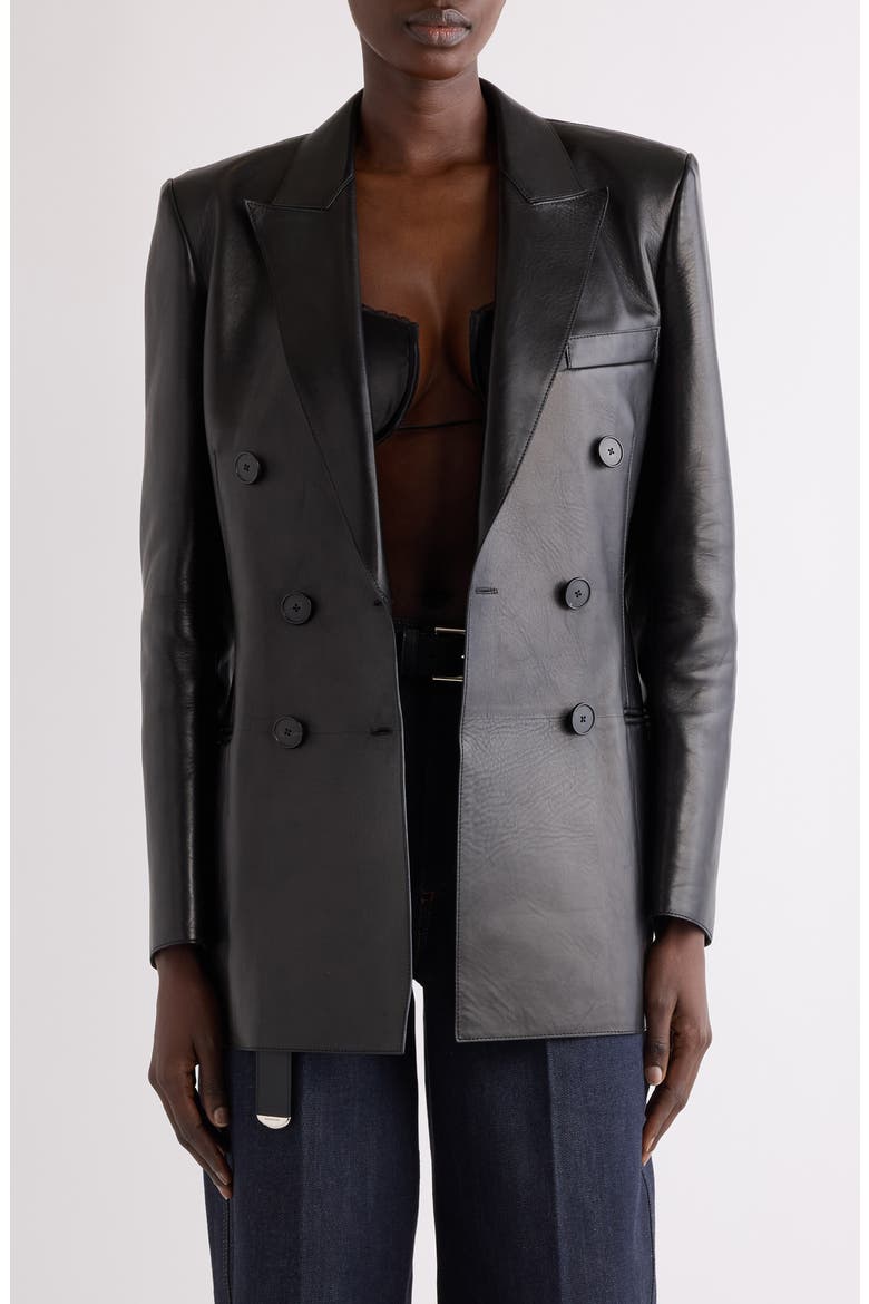 Slashed Double Breasted Leather Jacket, Main, color, BLACK