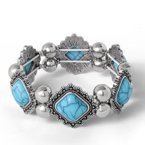 Turquoise and Silver Stretch Bracelet with Western Motif