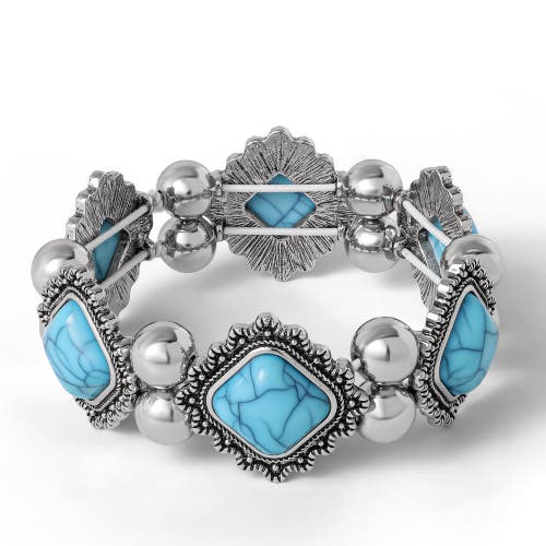 Jessica Simpson Turquoise And Silver Stretch Bracelet With Western Motif In Blue