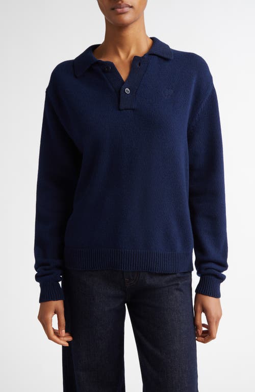 Sky High Farm Workwear Perennial Embroidered Wool Blend Polo Sweater in Navy 