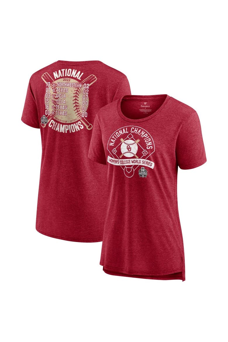 Women's Fanatics Branded Heathered Crimson Oklahoma Sooners 2022 NCAA Softball Women's College World Series Champions Slide Schedule T-Shirt, Main, color, Crimson