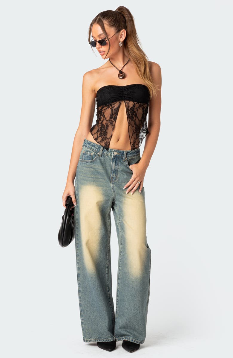 EDIKTED Twilight Split Front Lace Strapless Top, Alternate, color, Black