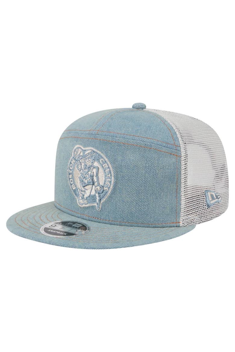 Men's New Era Boston Celtics Adventure Denim Split Panel 9FIFTY Snapback Trucker Hat, Main, color, Denim