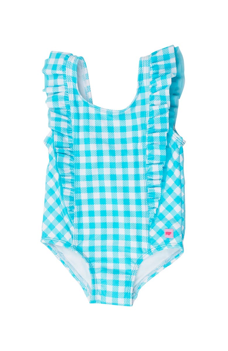 RuffleButts Girls UPF50+ Waterfall One Piece, Main, color, Bright Aqua Gingham
