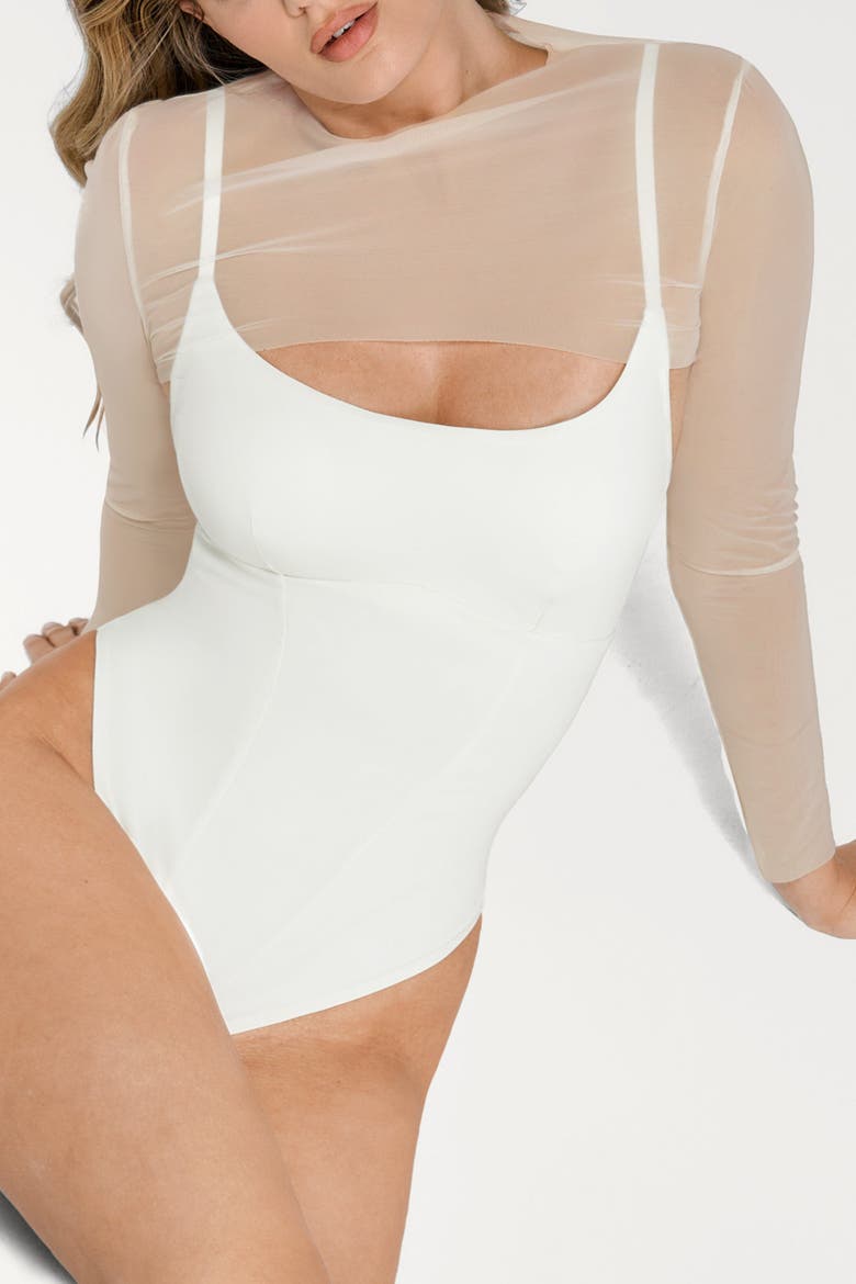 Sheer Shapewear Mesh Cutout Corset Bodysuit 2-Piece Set, Alternate, color, Ivory