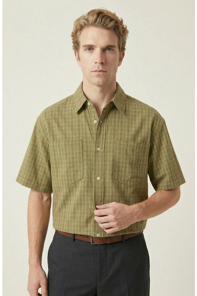 Plaid Short Sleeve Shirt, Main, color, Olive Green