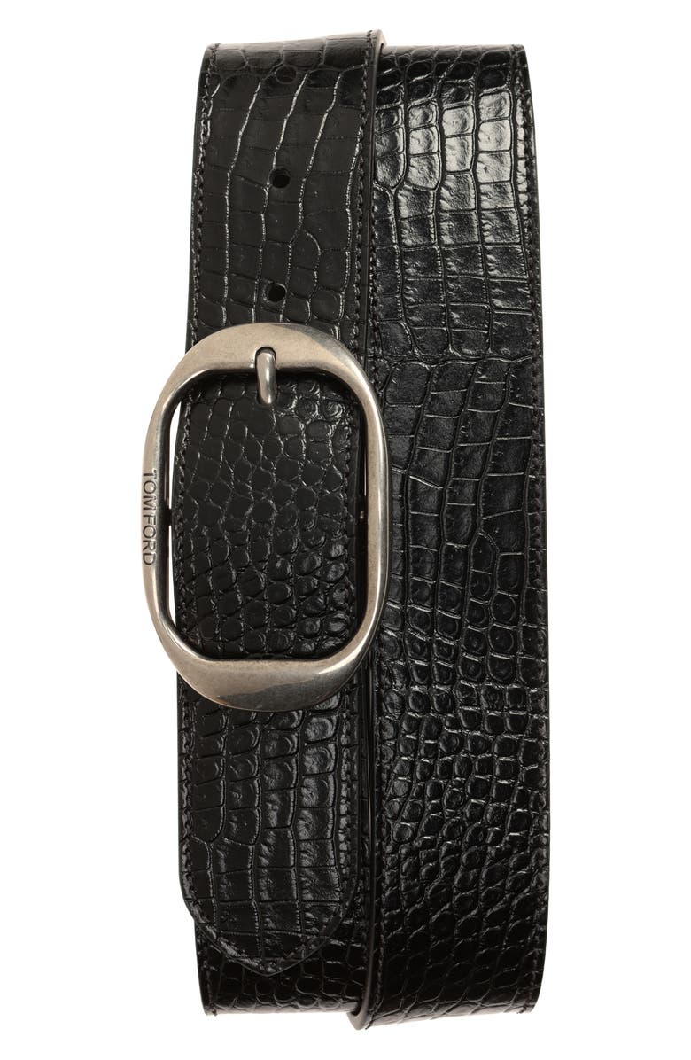 TOM FORD Oval Buckle Alligator Embossed Leather Belt, Main, color, Black