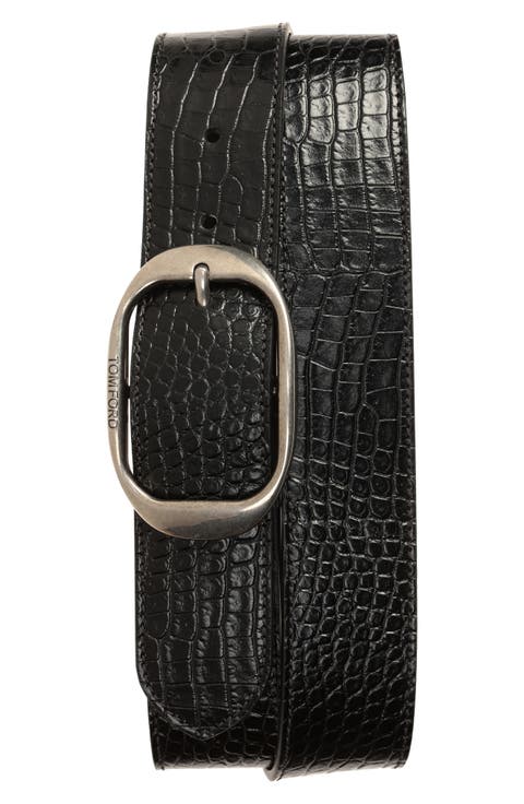 Oval Buckle Alligator Embossed Leather Belt