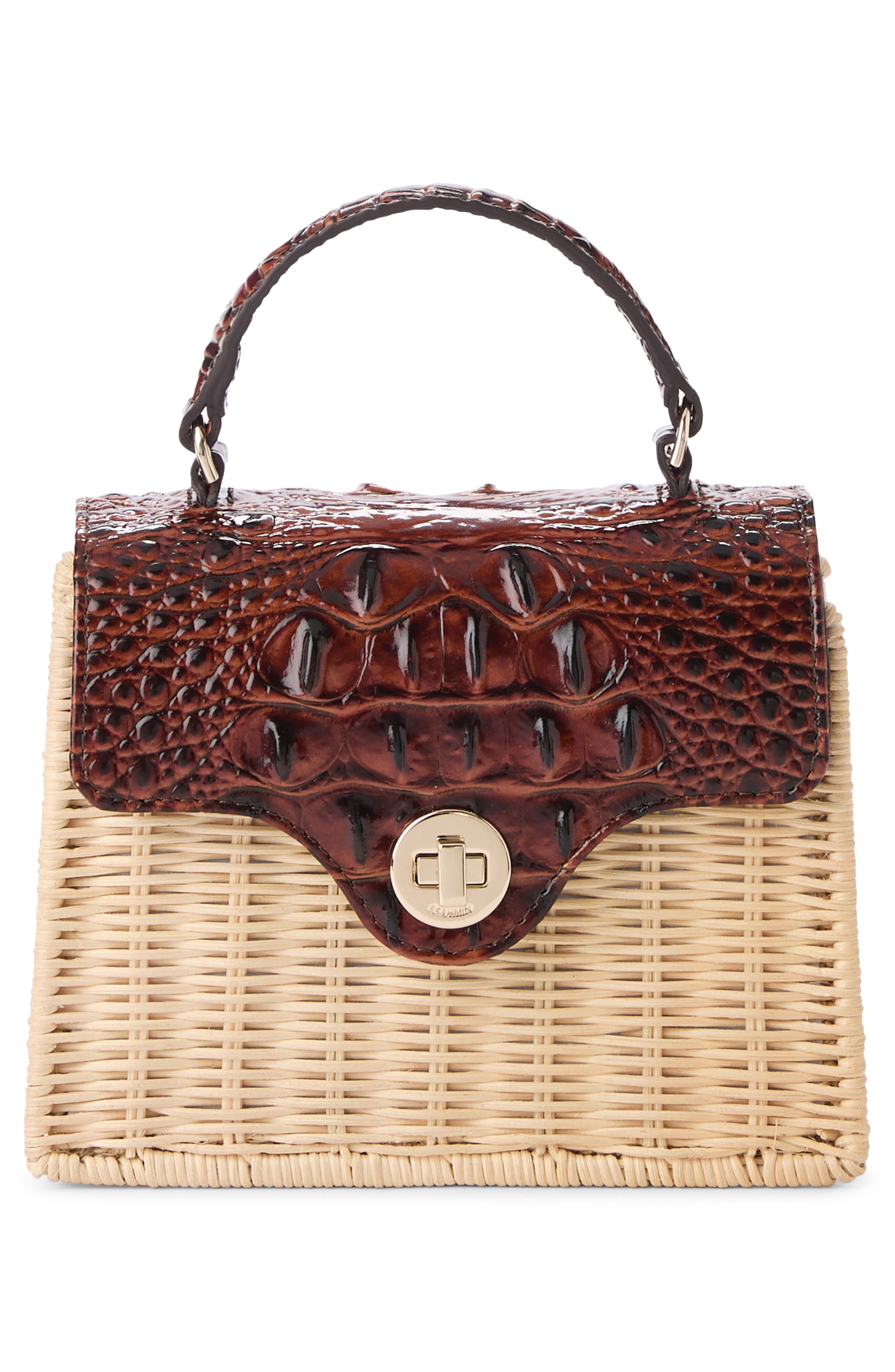 Brahmin Liliana Croc Embossed Leather & Wicker Top Handle Bag, Alternate, color, Pecan