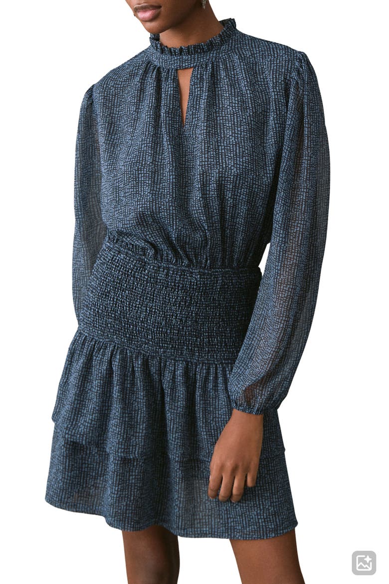 Ruffle Smocked Waist Long Sleeve Dress, Alternate, color, BLUE