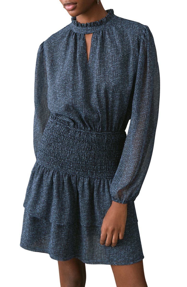 MANGO TEEN Ruffle Smocked Waist Long Sleeve Dress, Alternate, color, Blue