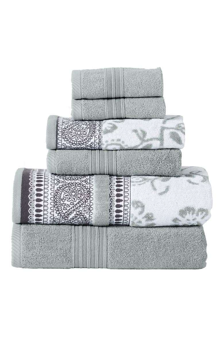 Yarn Dyed Jacquard/Solid Towel 6-Piece Set - Ophelia Dark Sage, Main, color, DARK SAGE