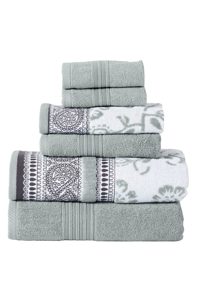 Modern Threads Yarn Dyed Jacquard/Solid Towel 6-Piece Set - Ophelia Dark Sage, Main, color, 