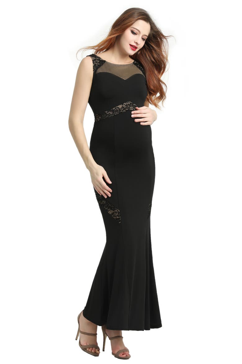 Corinne Lace Trim Maternity Mermaid Gown, Alternate, color, BLACK