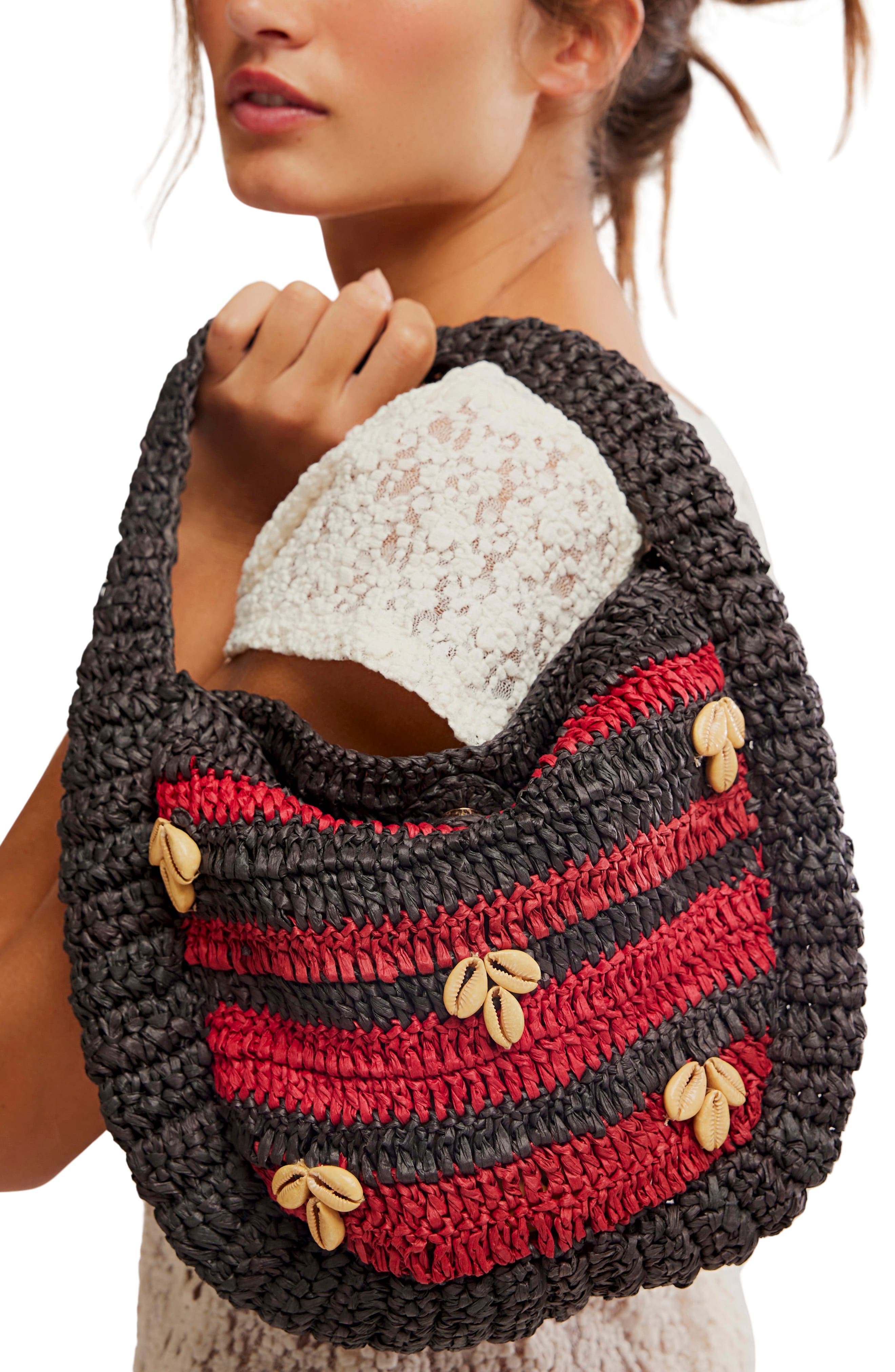 Belize Shell Raffia Shoulder Bag, Alternate, color, DARK CHERRY/ ESPRESSO