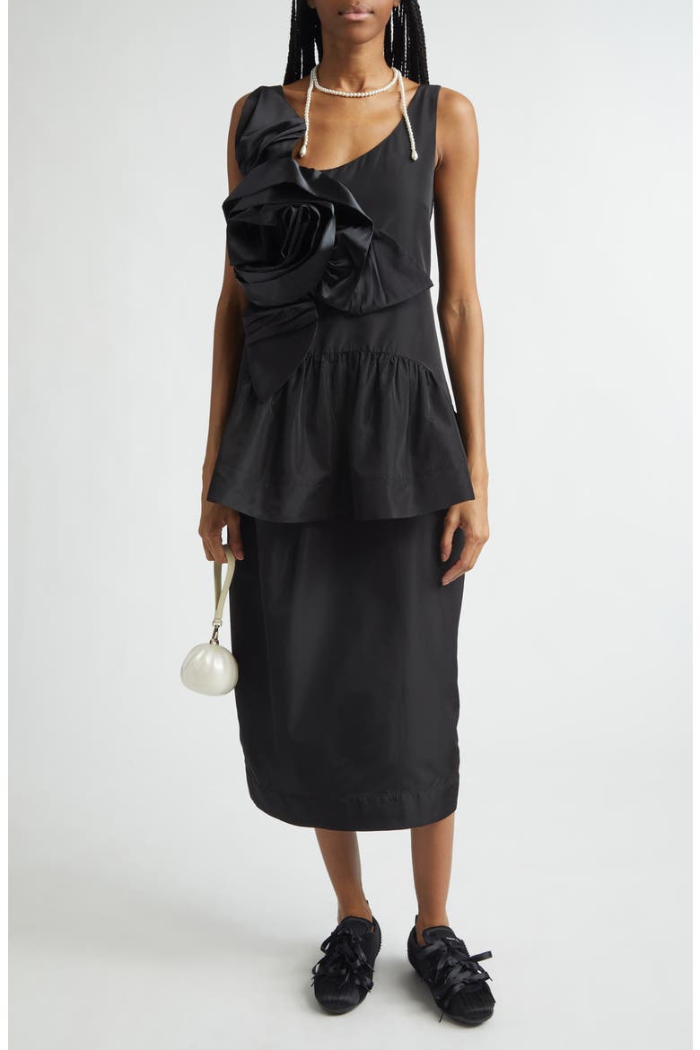 Pressed Rosette Tilted Taffeta Peplum Top, Alternate, color, BLACK/ BLACK