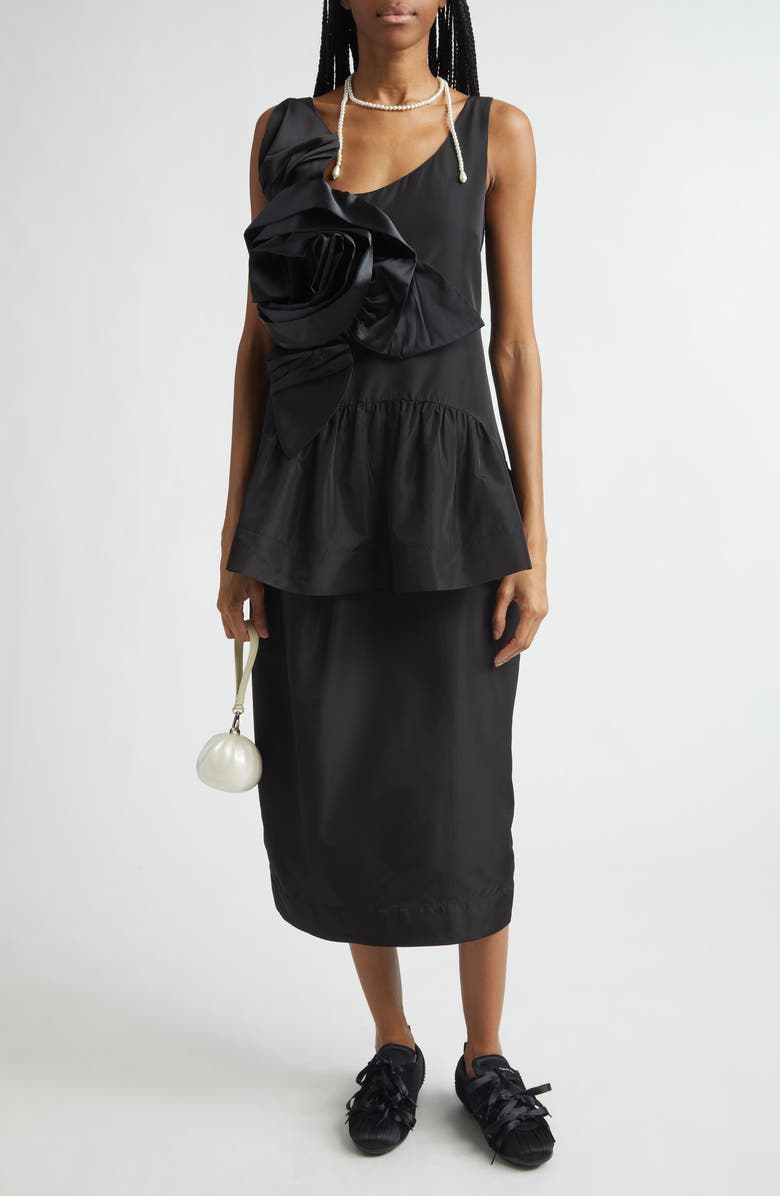 Simone Rocha Pressed Rosette Tilted Taffeta Peplum Top, Alternate, color, Black/ Black