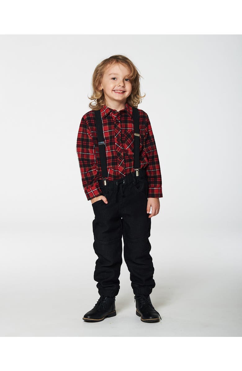 Deux par Deux Boy's Long Sleeve Button Down Flannel Shirt Plaid Black And Red, Alternate, color,