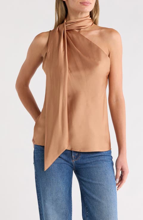 Scarf Detail One-Shoulder Satin Top